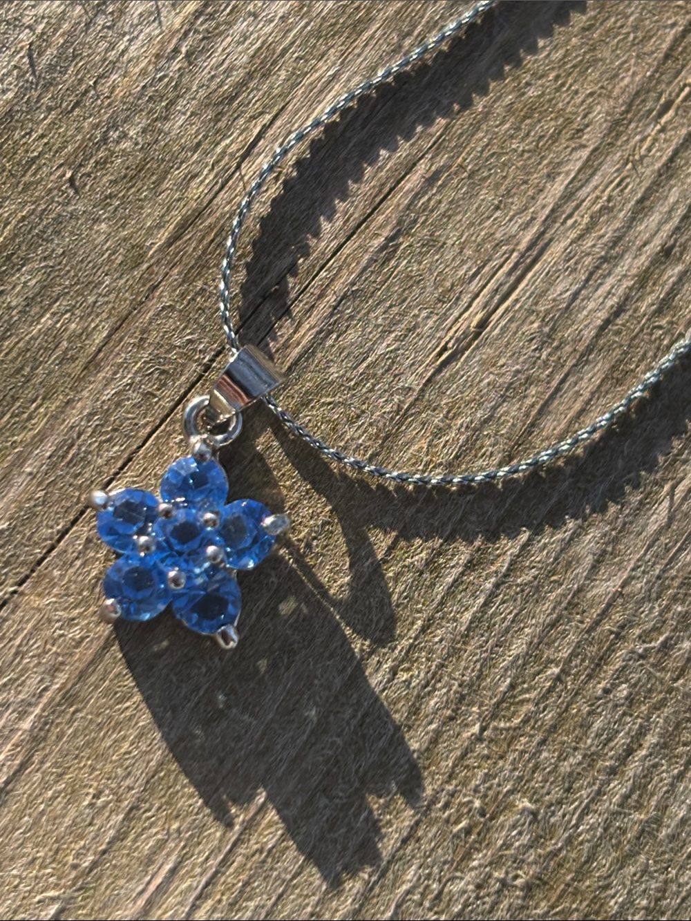 Blue Crystal Flower Pendant Necklace Sterling Silver